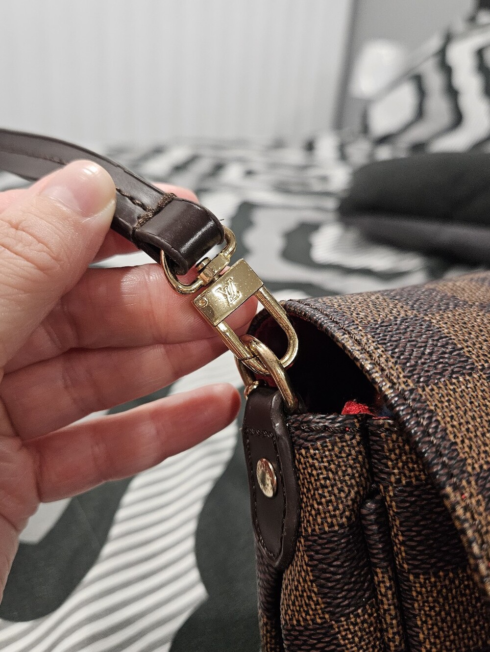 Brown Checkered Crossbody Bag with Pom Pom - Picture 6 of 9